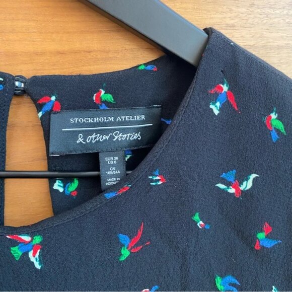 AND OTHER STORIES & Stockholm Atelier Bird Short Sleeve Black Dress, Size 6 - Picture 2 of 7